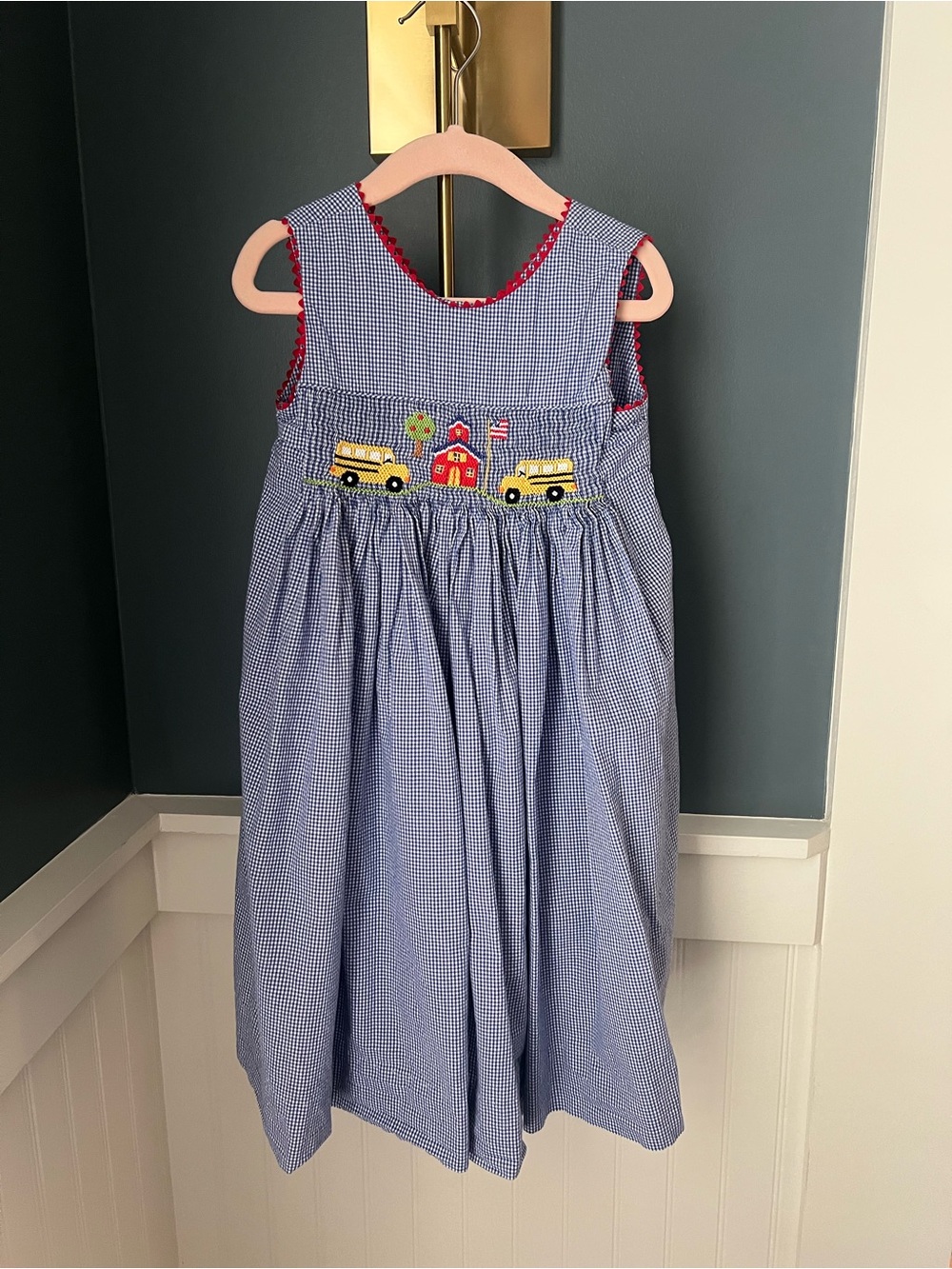 Blue Gingham School Bus Smocked Girls Dress